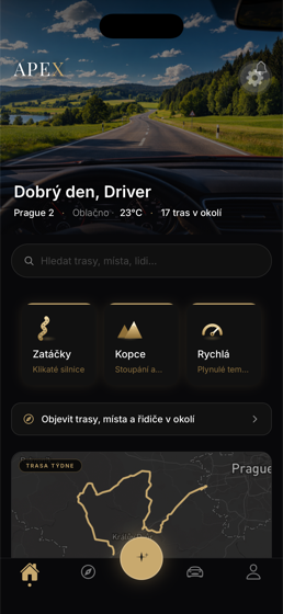 APEX — domovská obrazovka s trasou týdne